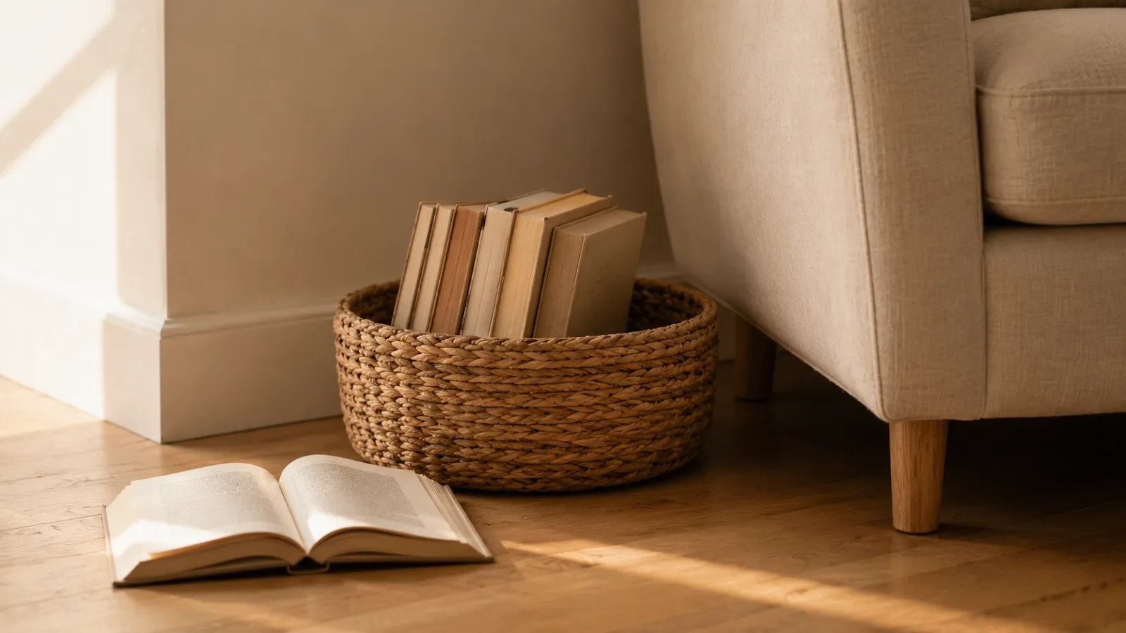 Woven basket holding five books on the floor beside a cream reading chair.