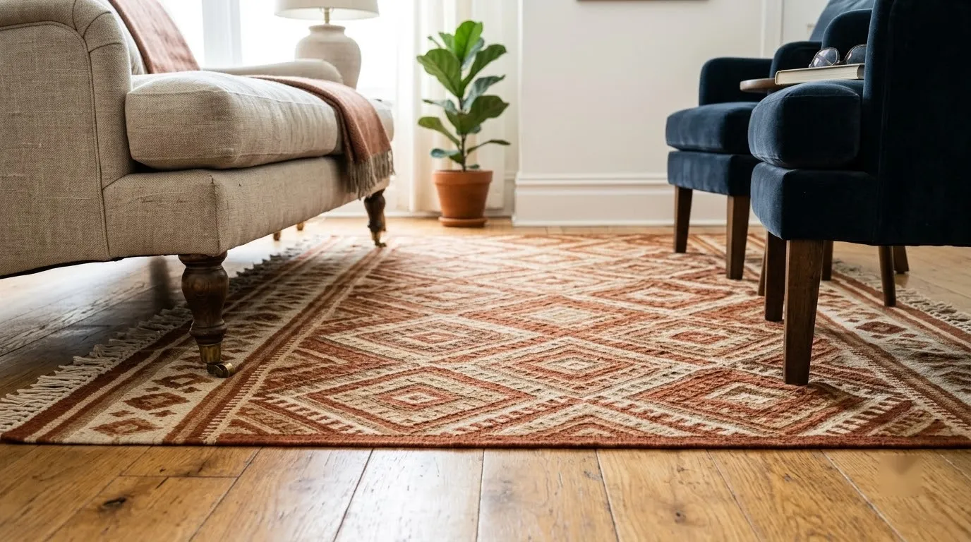 A diamond-weave rug holds the sofa and chair legs together in one connected seating group.