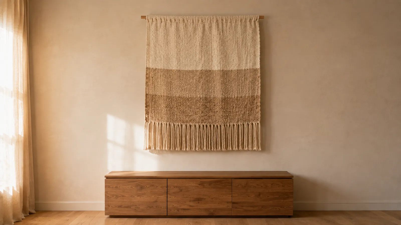 Woven textile wall hanging softening a large blank wall in a warm neutral room.