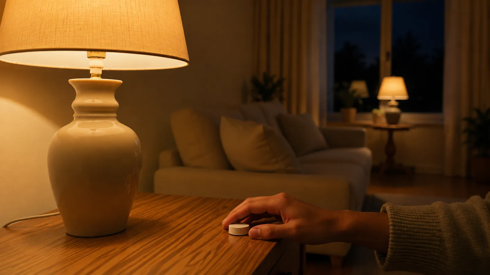 Living room lamps dimmed low for a soft, shadowed evening glow.