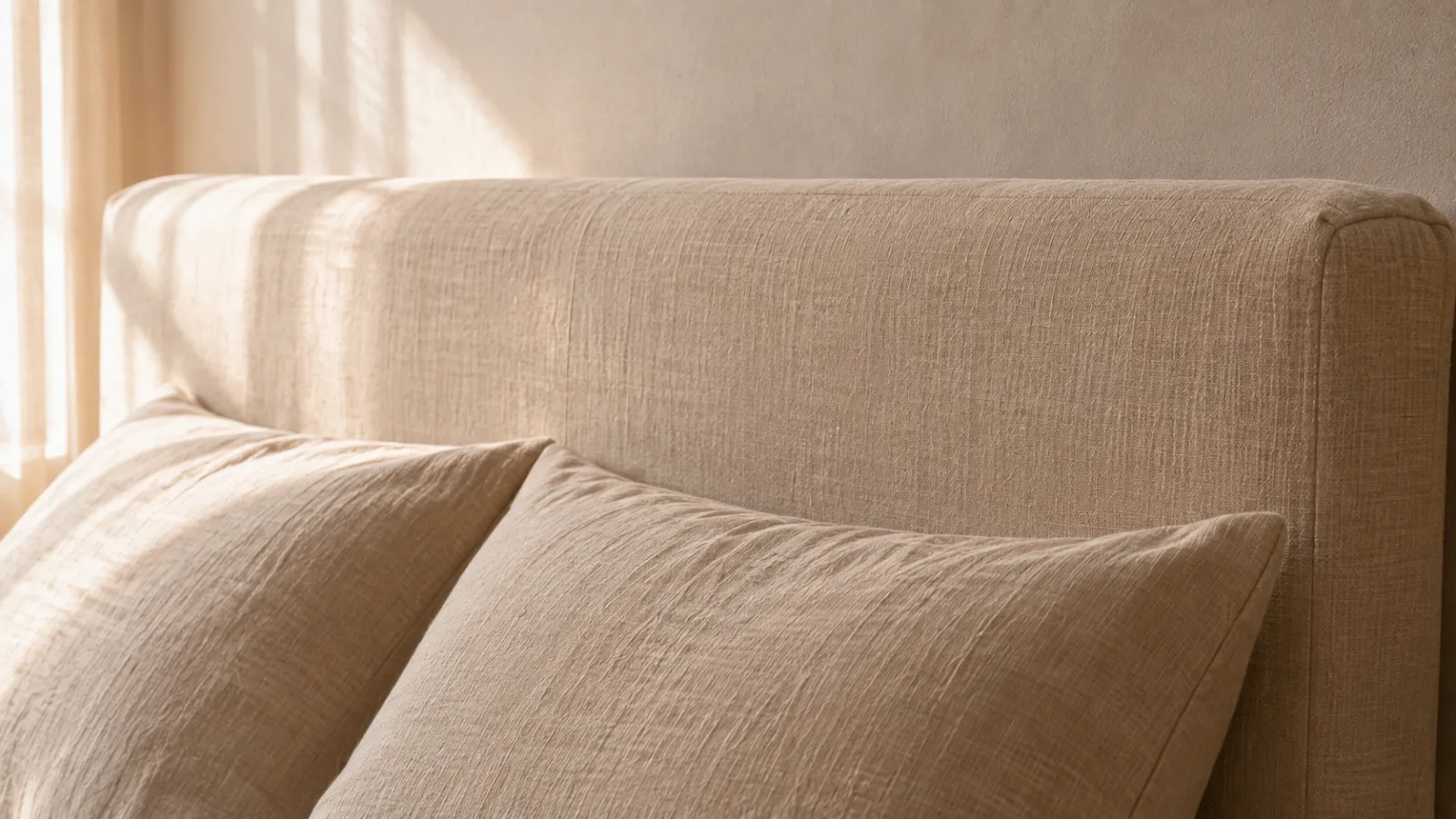 Linen-wrapped upholstered headboard with pillows leaning against it, softening the wall behind a bed.