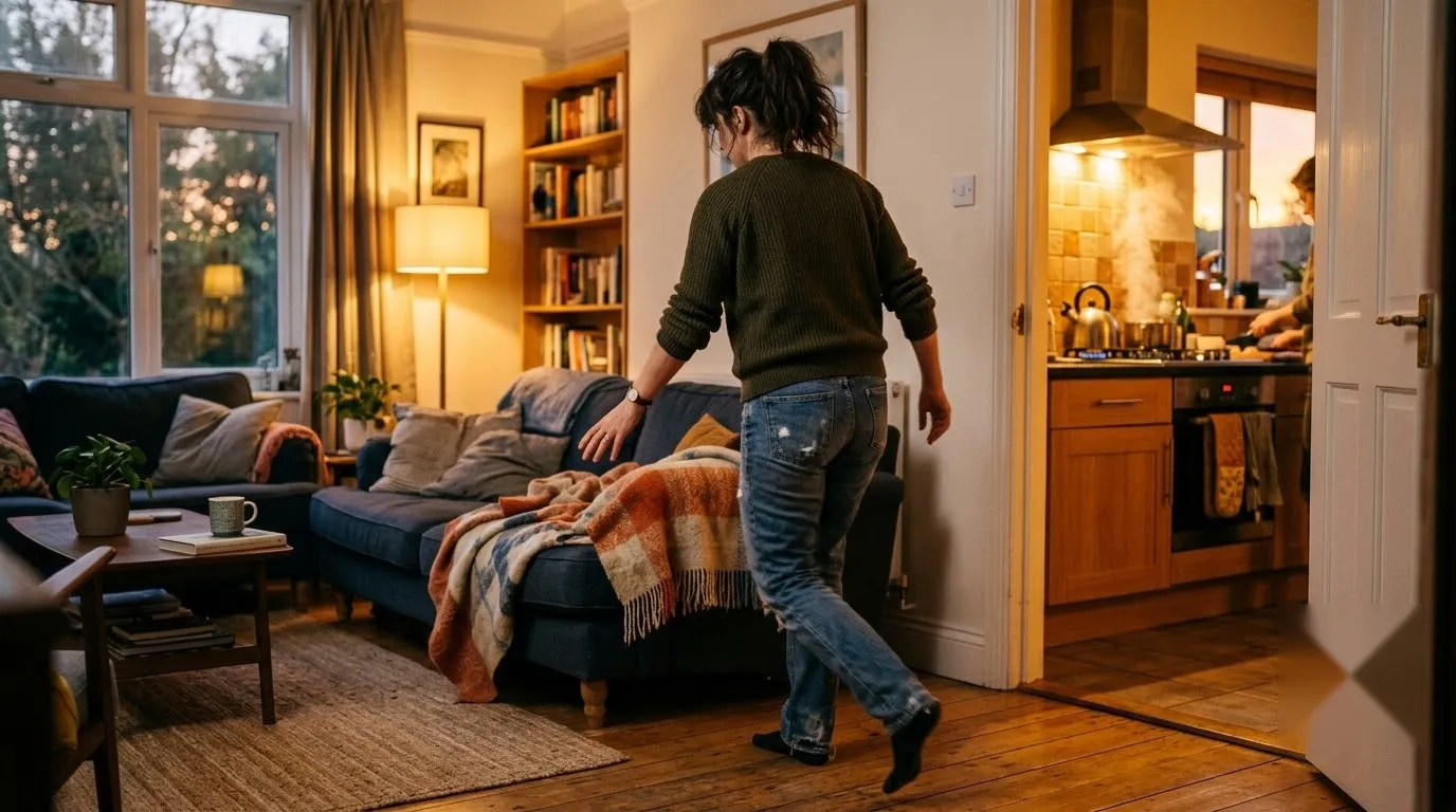 A quick tidy happens mid-stride through the living room, before sitting down for the evening.