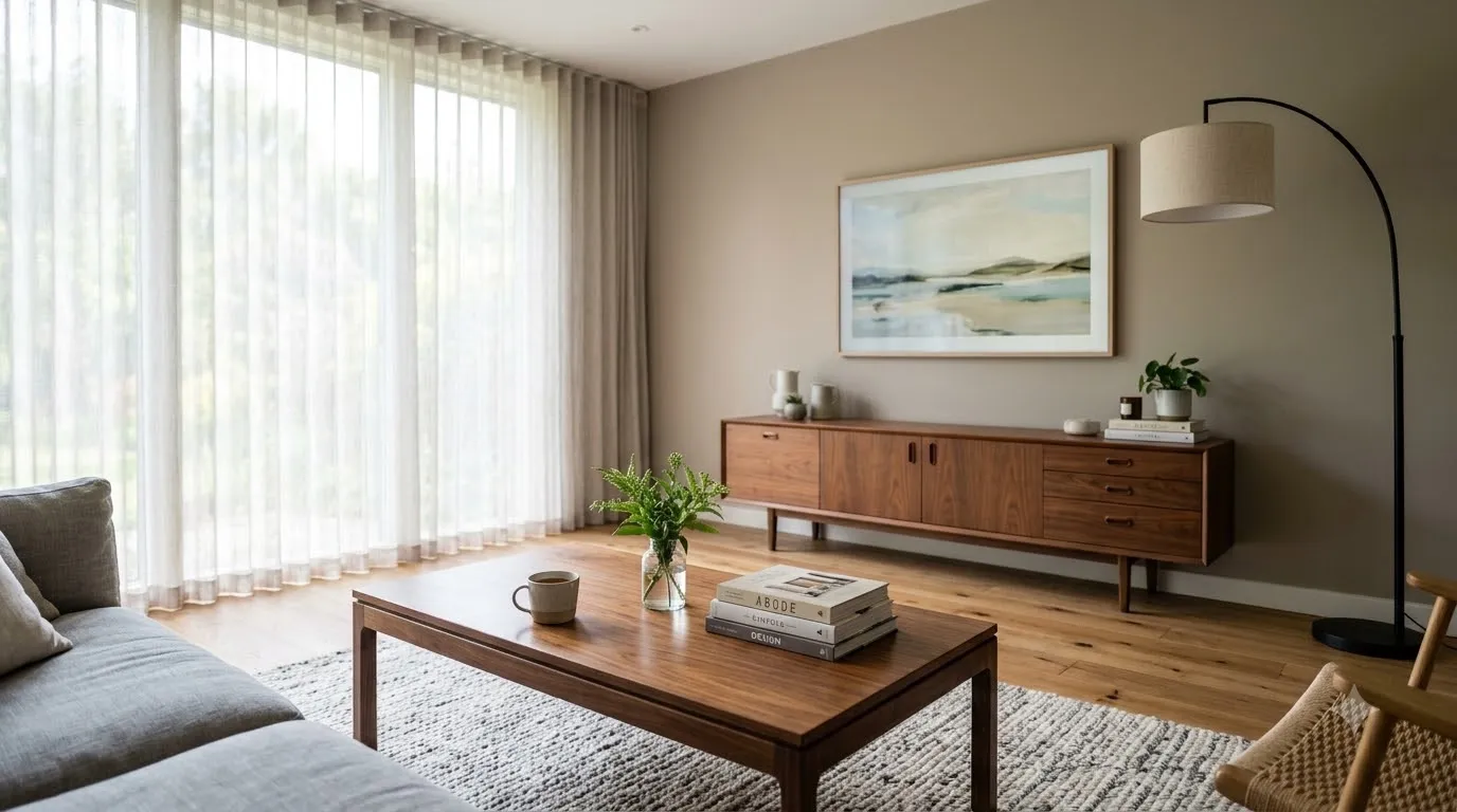 A low walnut coffee table keeps the center of the living room open and uncluttered.