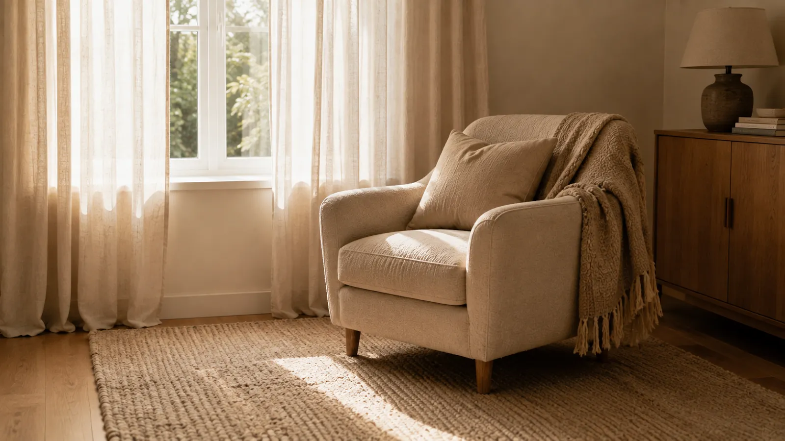 Wool rug and linen curtains softening a quiet corner around a cozy reading chair.