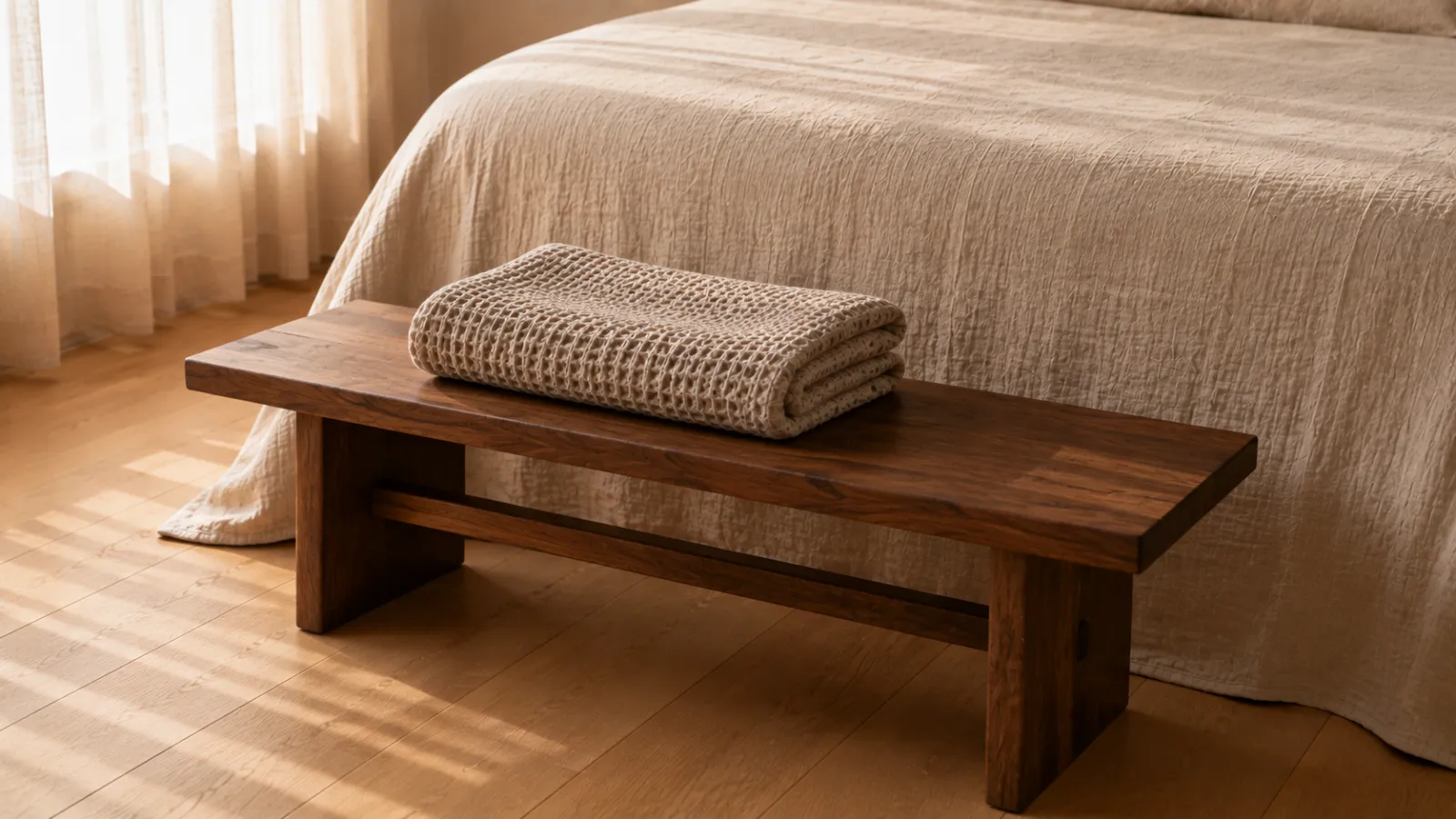 Low walnut bench at the foot of the bed holding a single folded throw, keeping the space tidy.