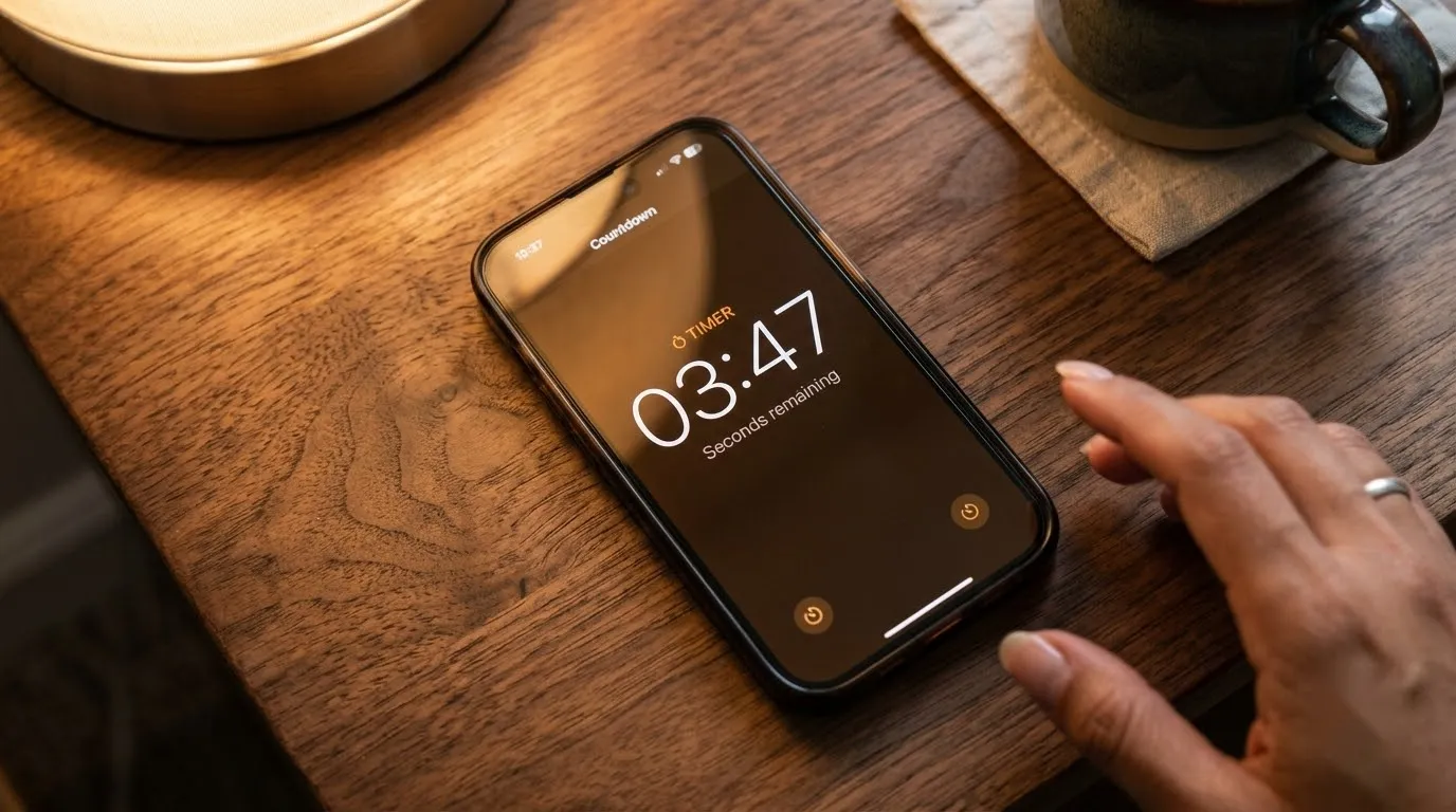 A phone timer counts down on a coffee table during a ten-minute evening living room reset.