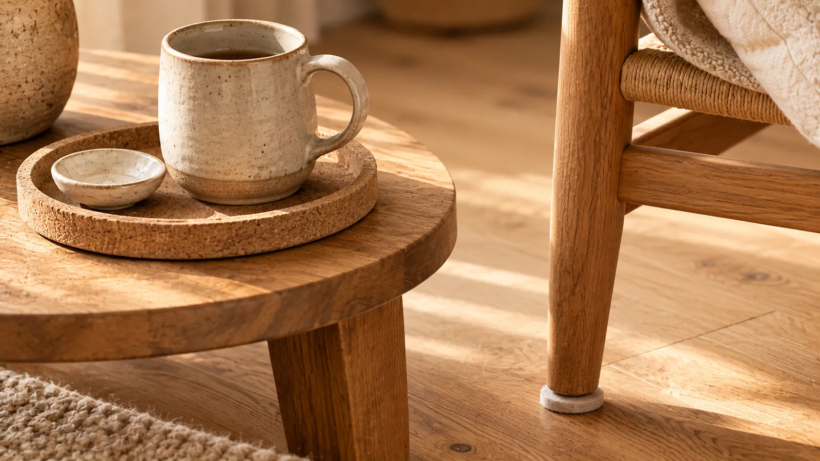 Cork tray and felt pads under a chair leg, small fixes for the everyday clatter in a calm home.