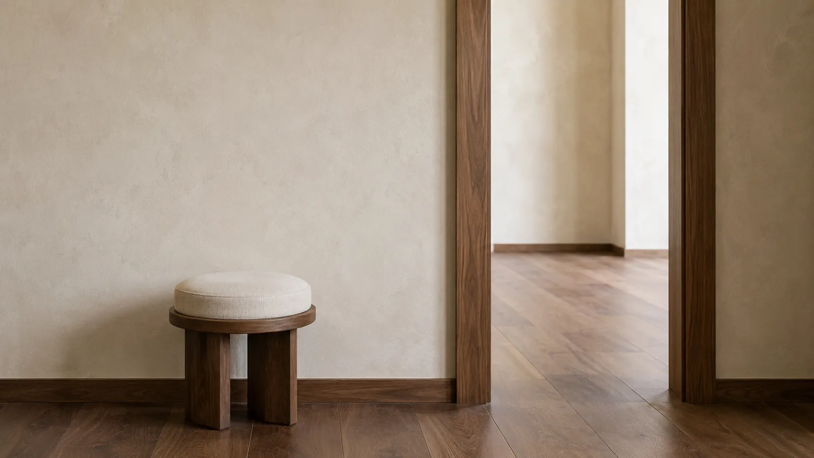 Round walnut stool beside a matching walnut doorway, repeating wood tone for a cohesive calm home.