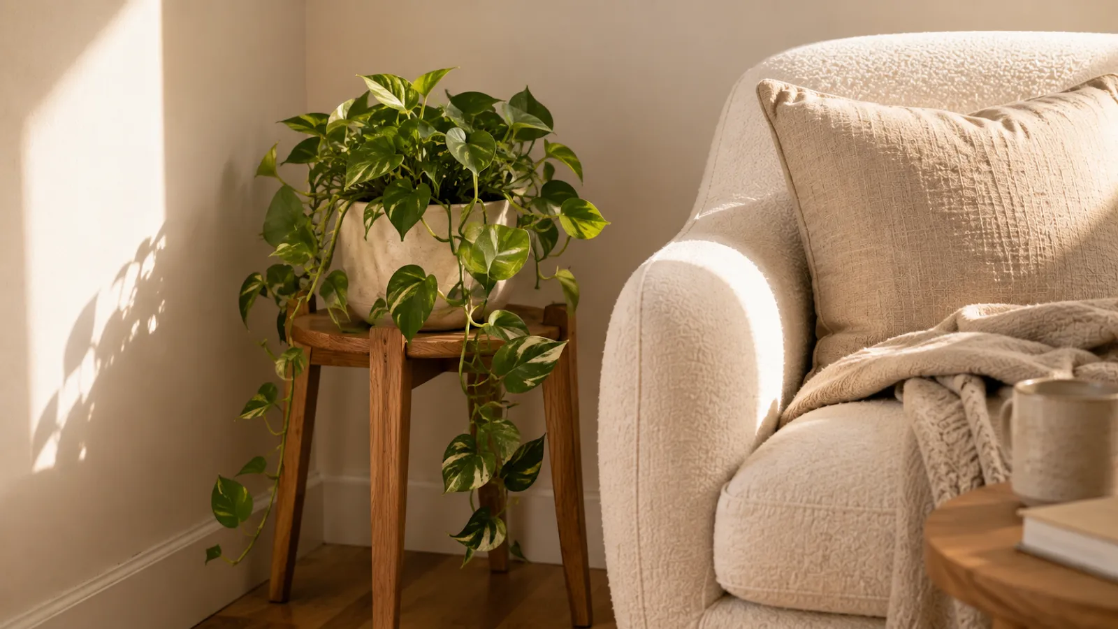 Single trailing pothos on a wooden stand beside a cream reading chair in a calm corner.