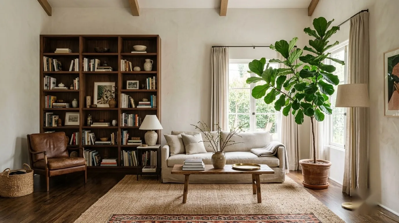 A dark bookcase is balanced by a tall plant and floor lamp for even visual weight in the room.