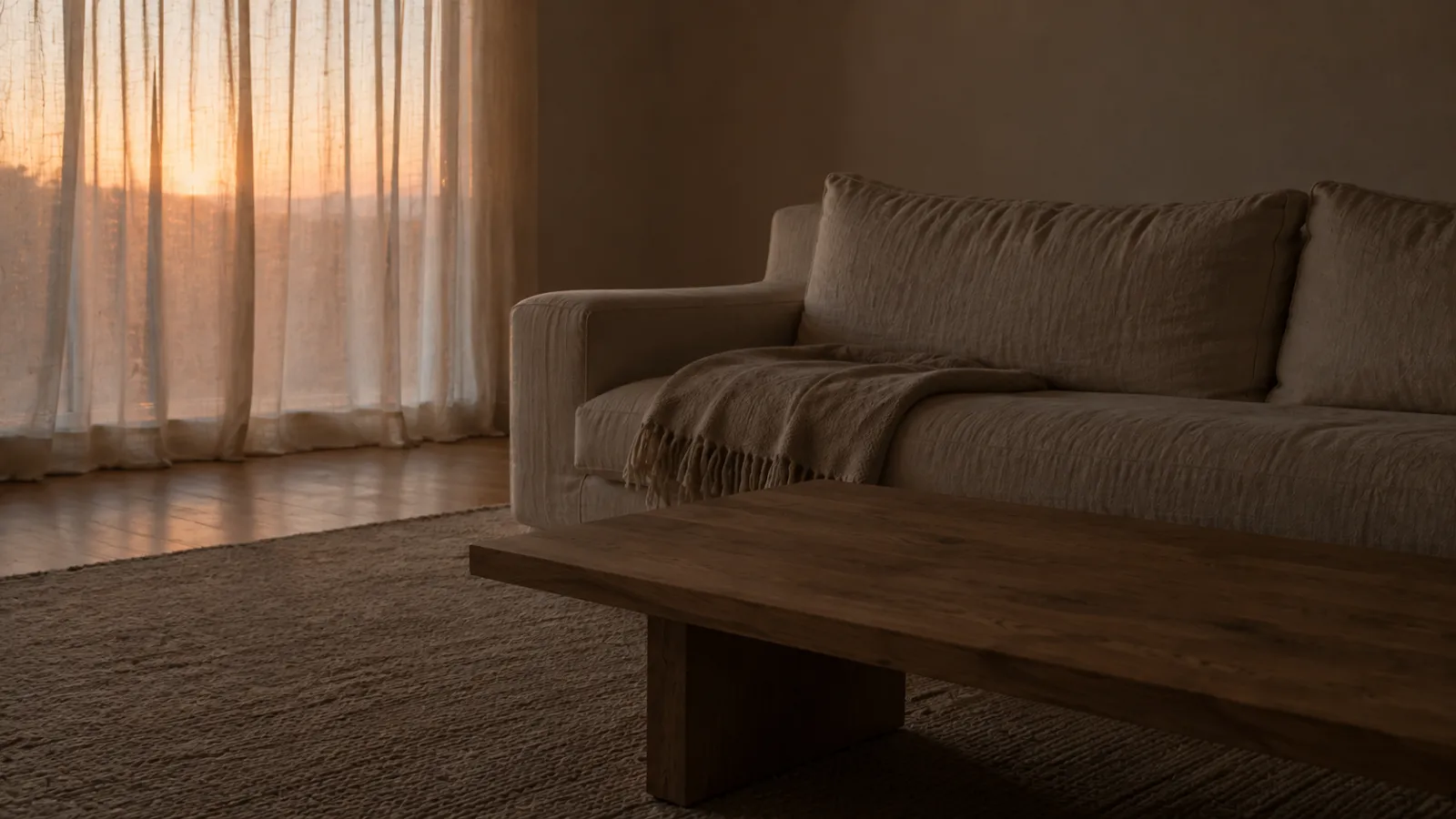 Still, switched-off living room at dusk, the moment you notice a home's background noise floor.