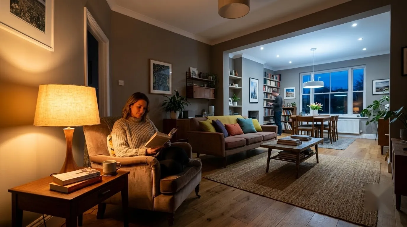 Warm lamp light replaces bright overhead light to close out an evening living room reset.