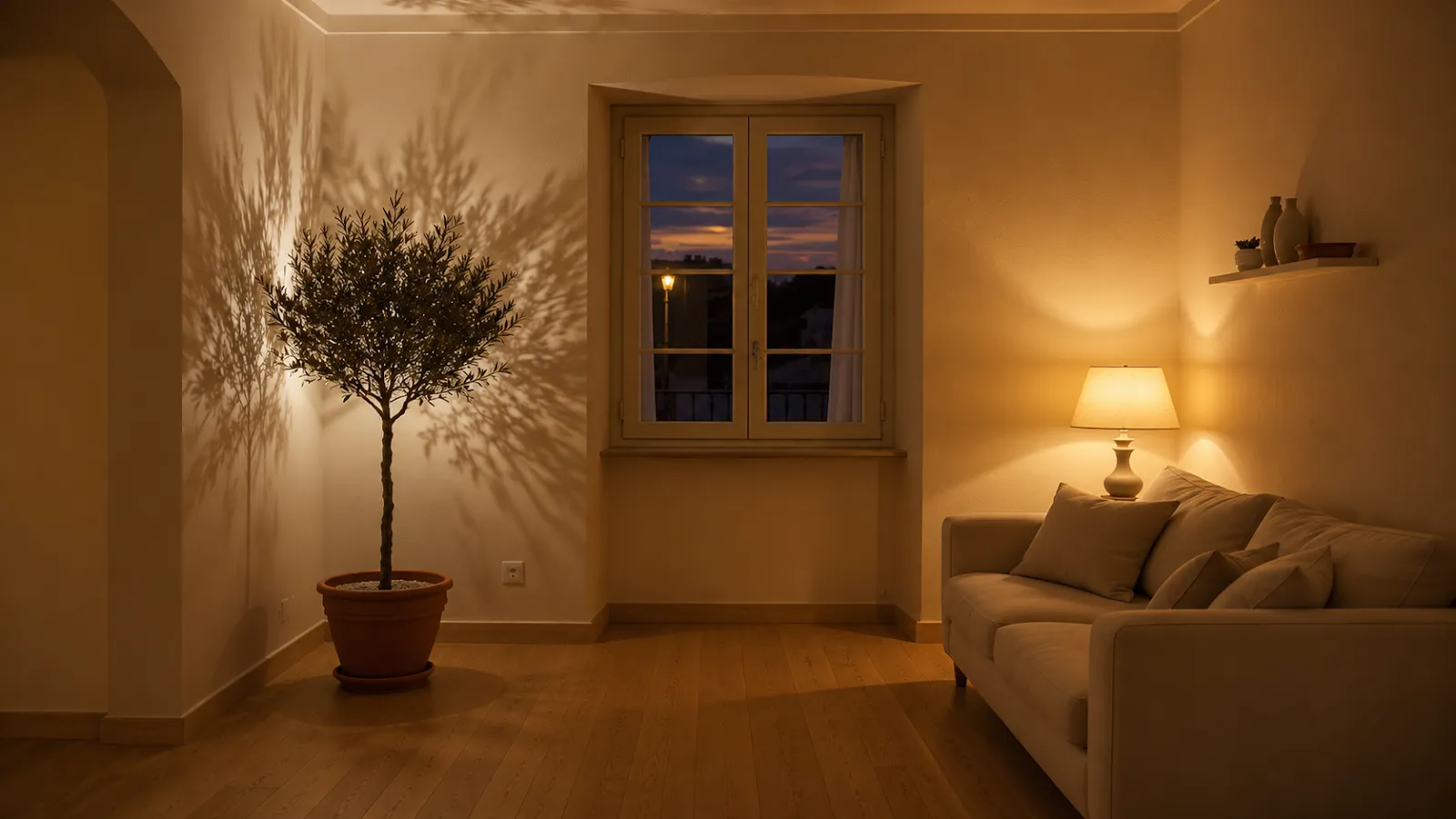 Softly lit corners making a warm neutral living room feel larger at night.