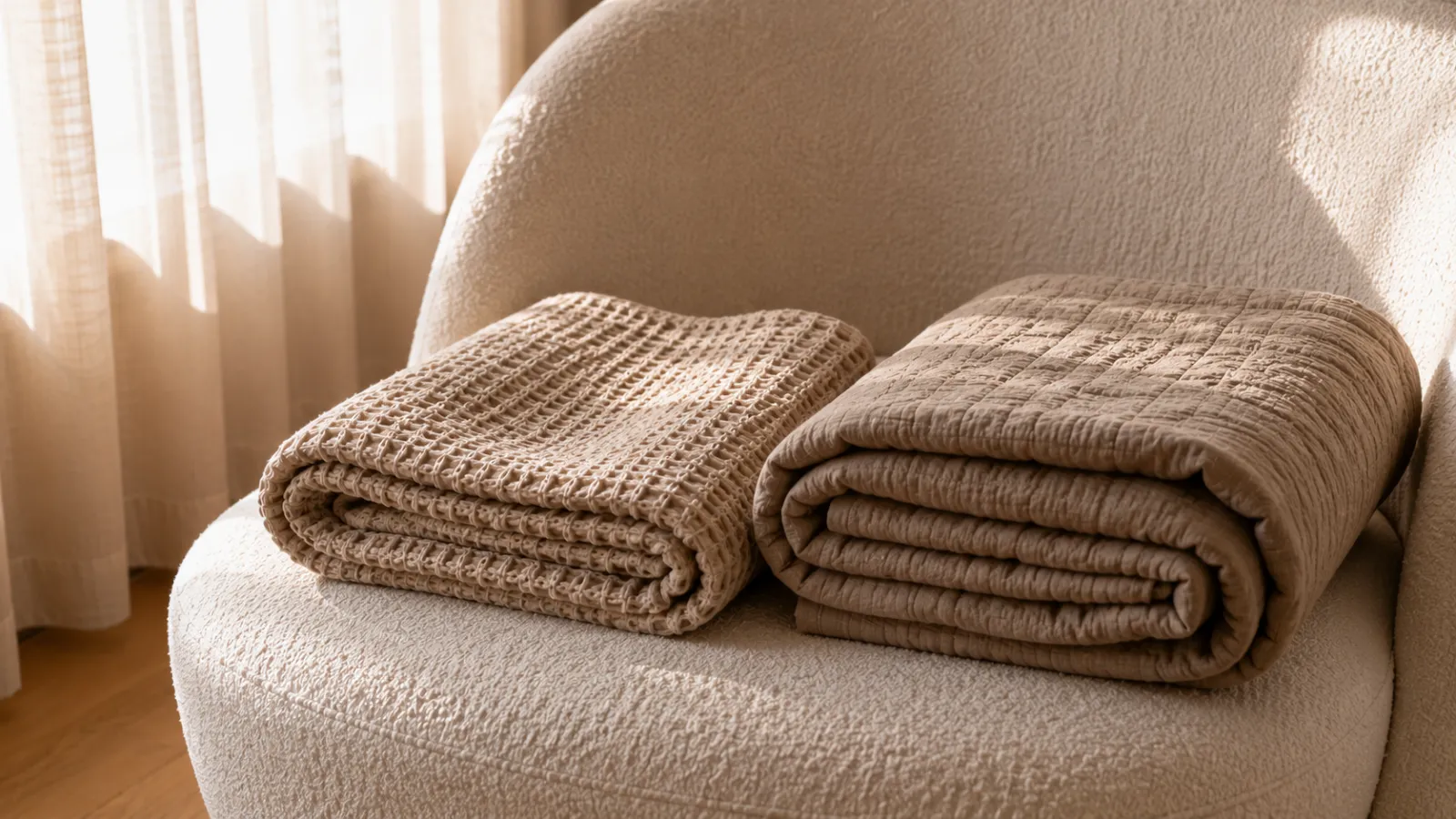 Two folded blankets, a waffle cotton and a heavier quilt, side by side for an easy seasonal bedding swap.
