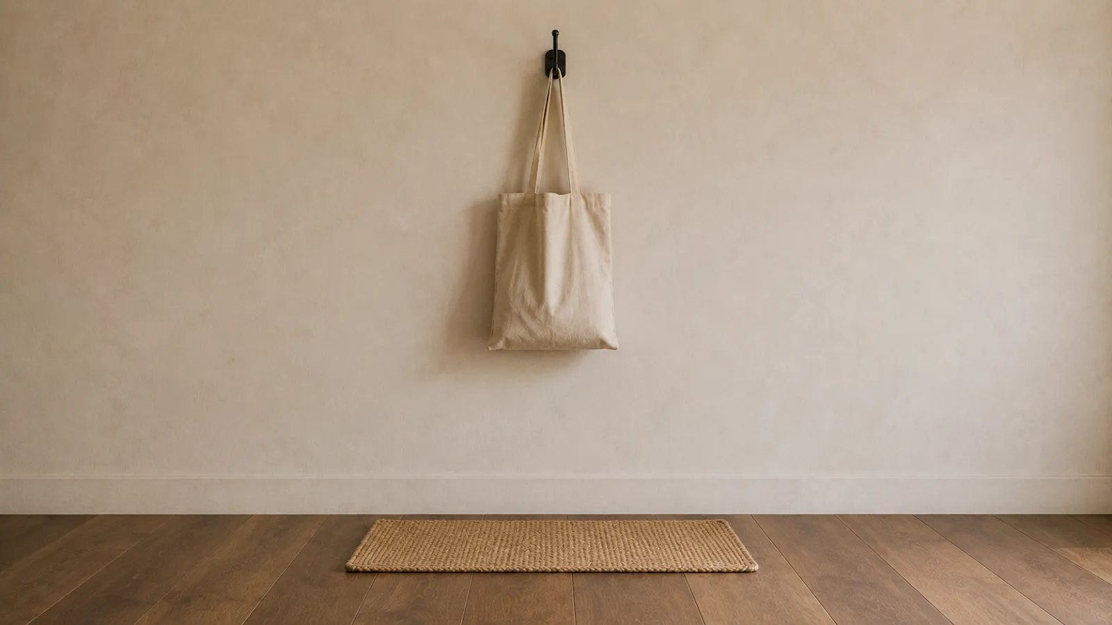 Minimalist entryway with one canvas tote on a hook and a woven mat on a bare wood floor.