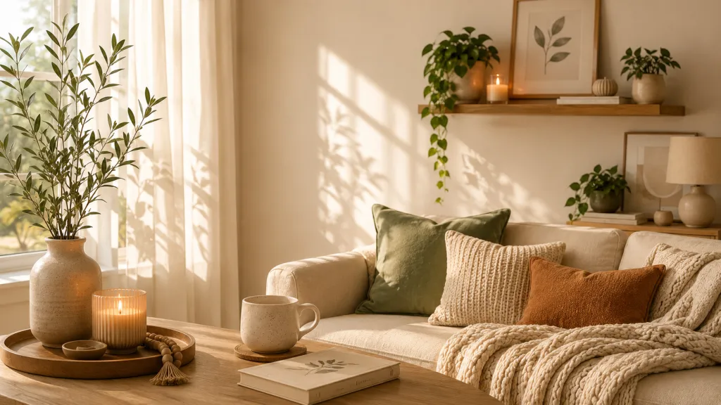 Warm minimalist living room with cozy neutral decor, soft blankets, indoor plants, candlelight, and natural sunlight creating a calm and inviting home atmosphere.