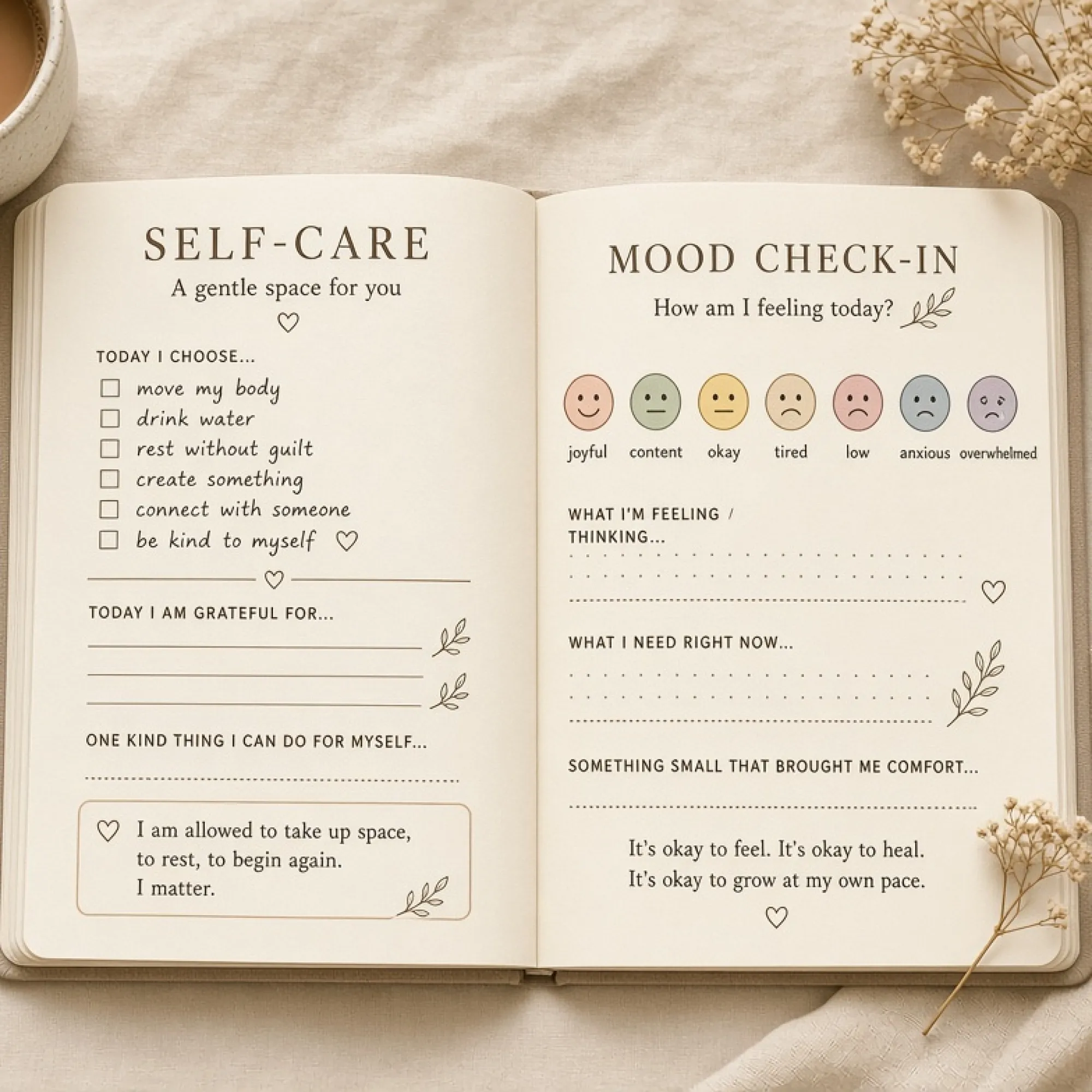 Calm Mind Self-Care & Mood Journal printable mockup