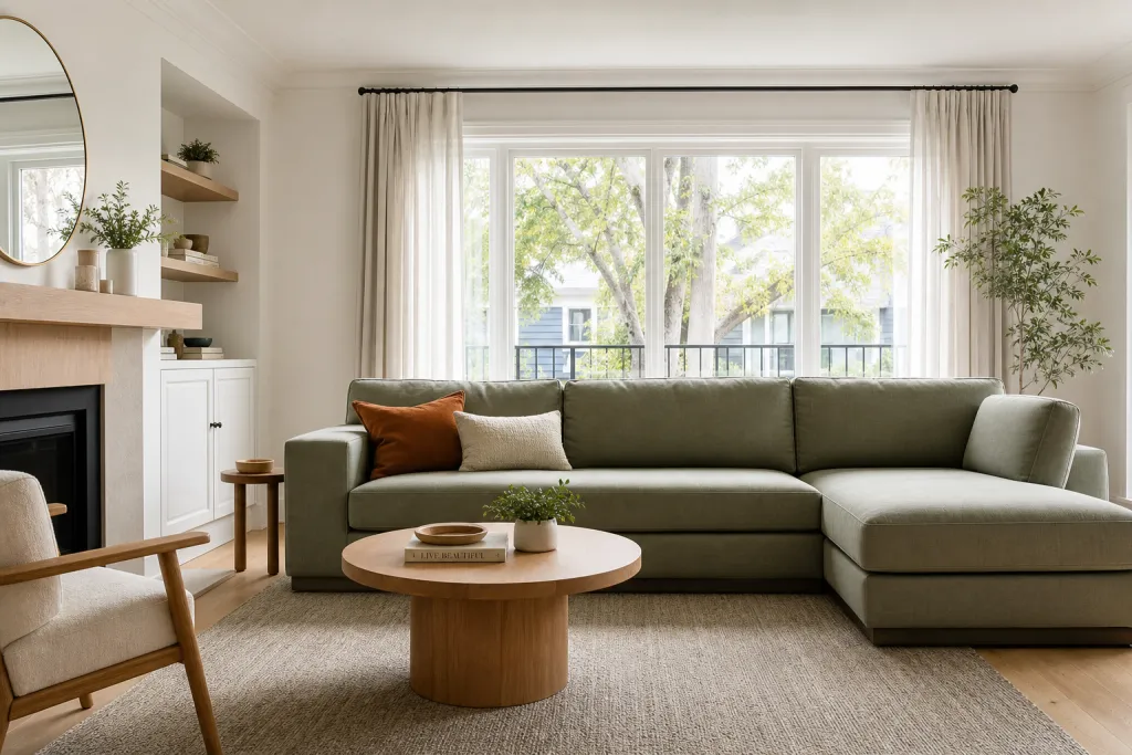 Calm, sensory-friendly living room with a soft sage sofa and warm natural light
