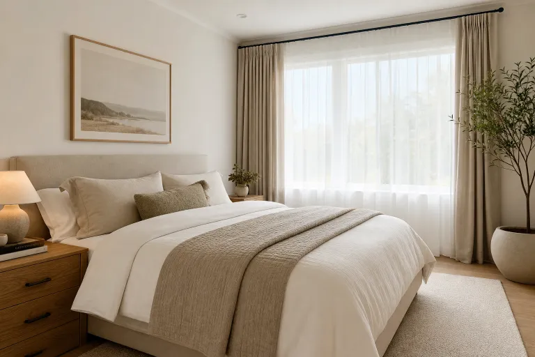 A calm, sensory-friendly bedroom with soft neutral bedding and natural light