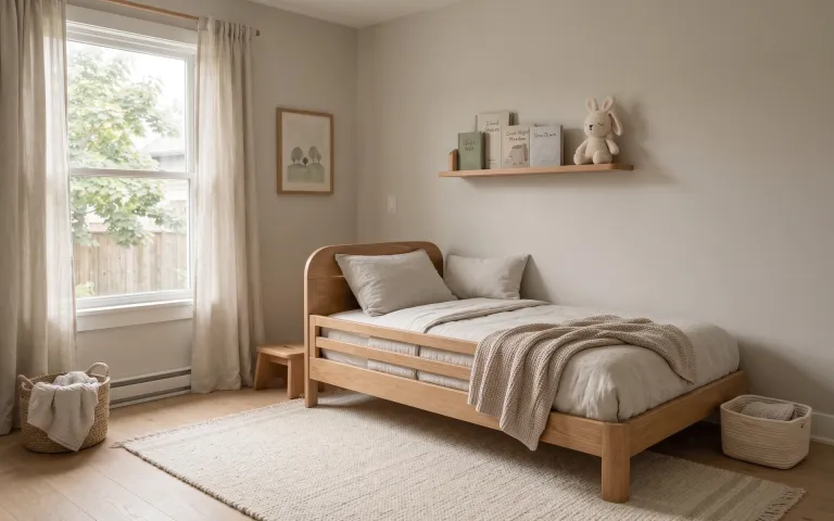 A calm, sensory-friendly kids bedroom with a wooden bed, books, and a plush bunny
