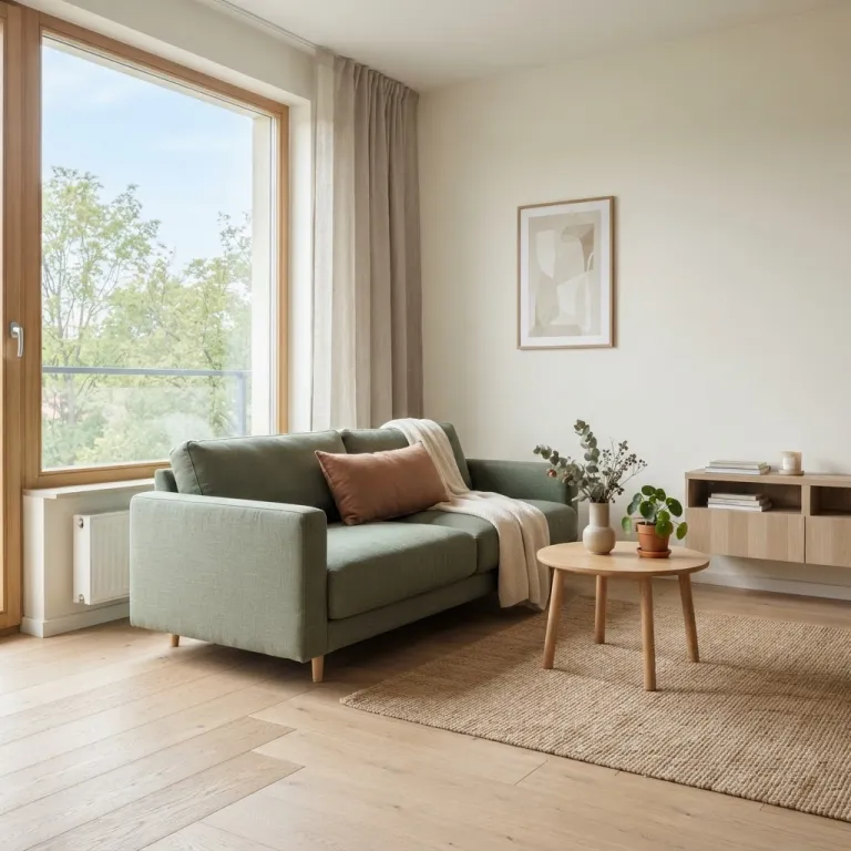 A cozy living room reading corner with a green sofa and wooden coffee table