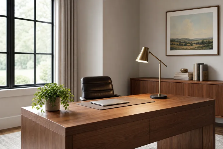 A calm home office with a wooden desk, plant, and task lamp